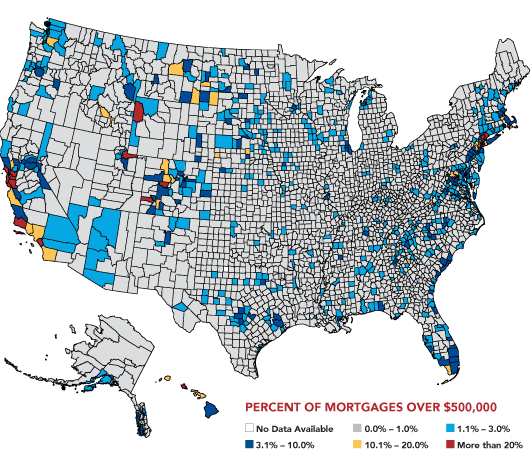 US Map: New Mortgages over $500,000 by County (2012–2014)