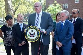 Rep. Joe Crowley announces the Rent Relief Act of 2017 outside the Woodside Houses in Queens, New York.