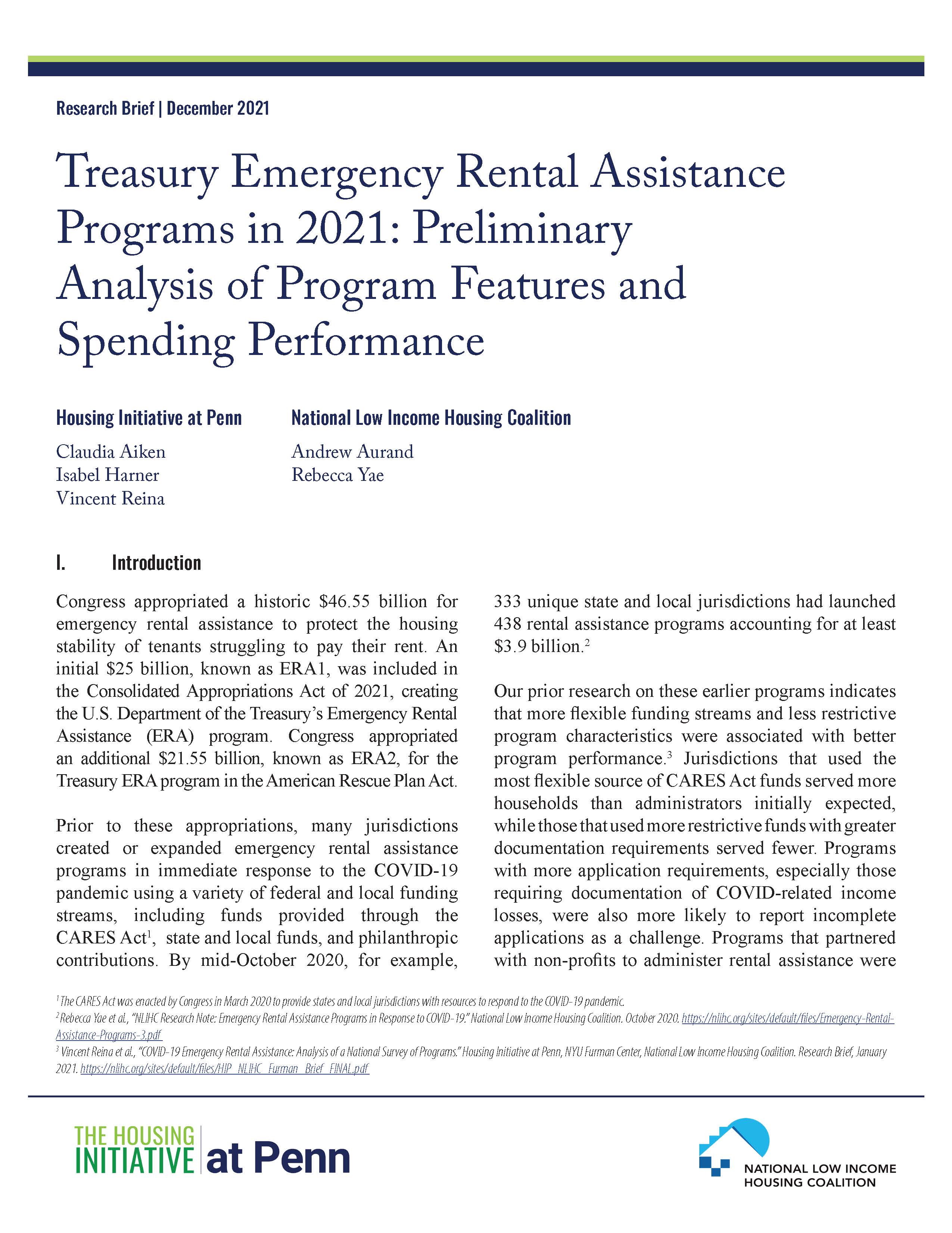 Treasury Emergency Rental Assistance Programs in 2021: Preliminary Analysis of Program Features and Spending Performance