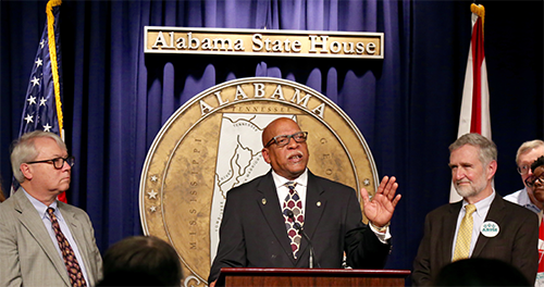 Sen. Rodger Smitherman speaking on public transportation at Alabama Arise's news conference on Legislative Day