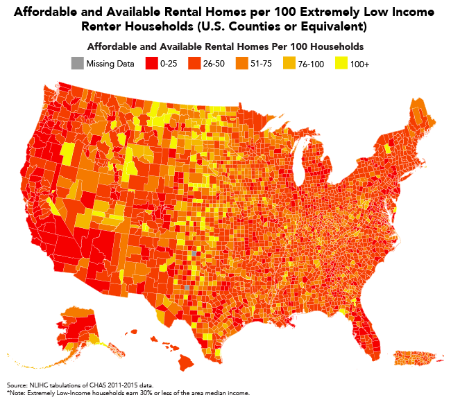 Affordable and Available Rental Homes per 100 Extremely Low Income Renter Households (U.S. Counties or Equivalent)