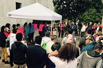 State Representative Alissa Keny-Guyer (D) addresses advocates at the #JustCauseBecause campaign launch rally.