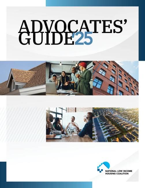Cover of the 2025 Advocates' Guide, showing five photographs of various types of housing and people.