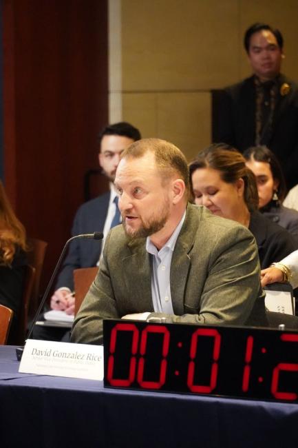 NLIHC Senior Vice President of Policy David Gonzalez Rice testing for a “shadow hearing” on Capitol Hill on January 14, 2026 