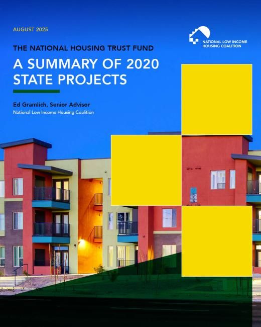 Cover of the Summary of 2020 State Projects report with bright yellow blocks over a background photo of a housing building.