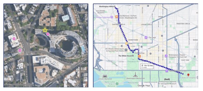 Screenshots of Washington Hilton on Google Maps and journey from Washington Hilton to Lutheran Church of the Reformation