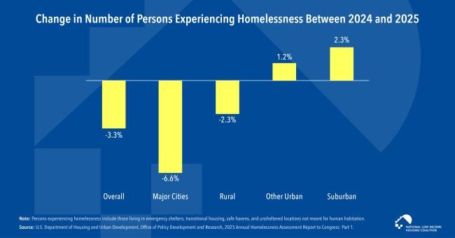 A bar graphic that Decline in Homelessness Between 2024 and 2025 Driven by Decrease in Major Cities