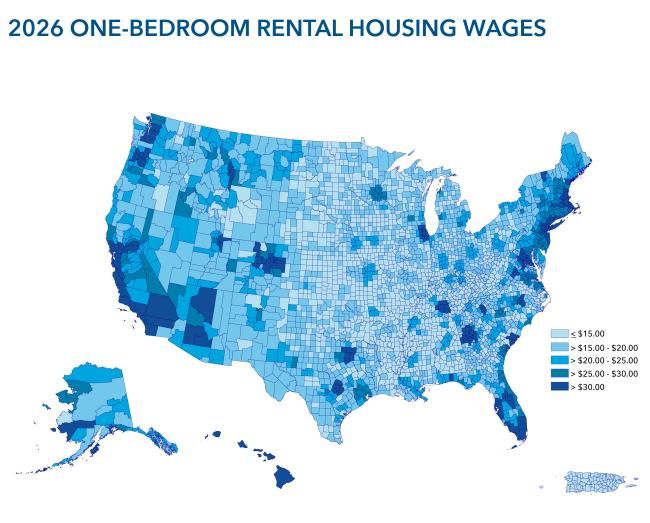 A U.S. map displaying the wages by state needed to afford a modest one-bedroom rental home